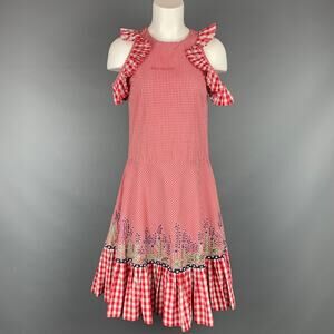 RAHUL MISHRA 2017 Size XS Red & White Gingham Embroidered Pleated Ruffle Dress